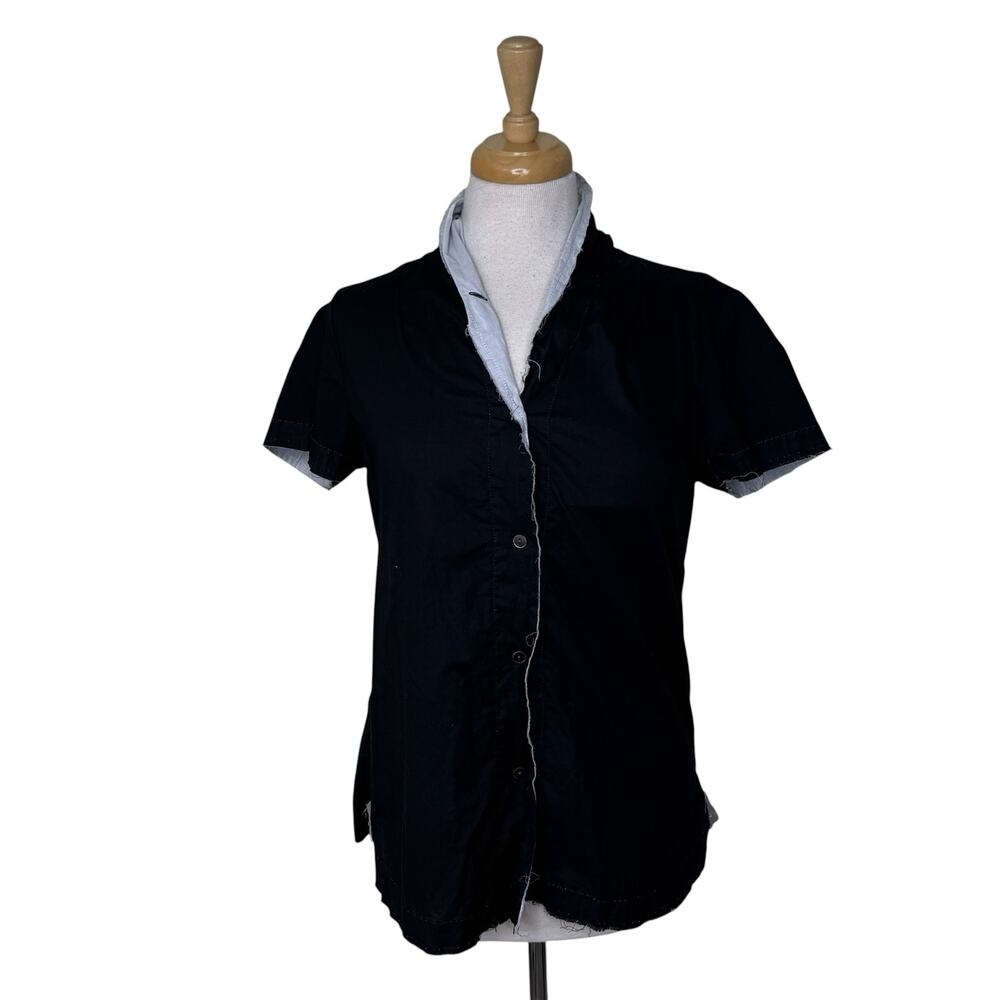 HANNOH WESSEL 100% Cotton Raw Hem Short Sleeve  Button Up Black White Size 38